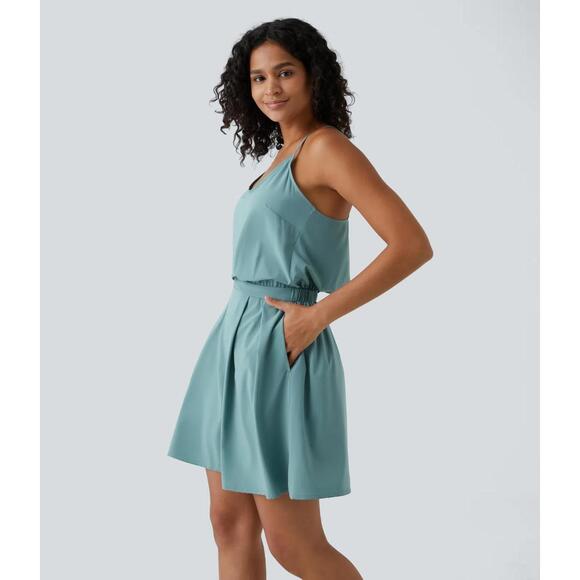 Halara Dresses & Skirts - NWT Halara Breezeful Cut Out Pocket Pleated Mini Casual Dress Mineral Blue M